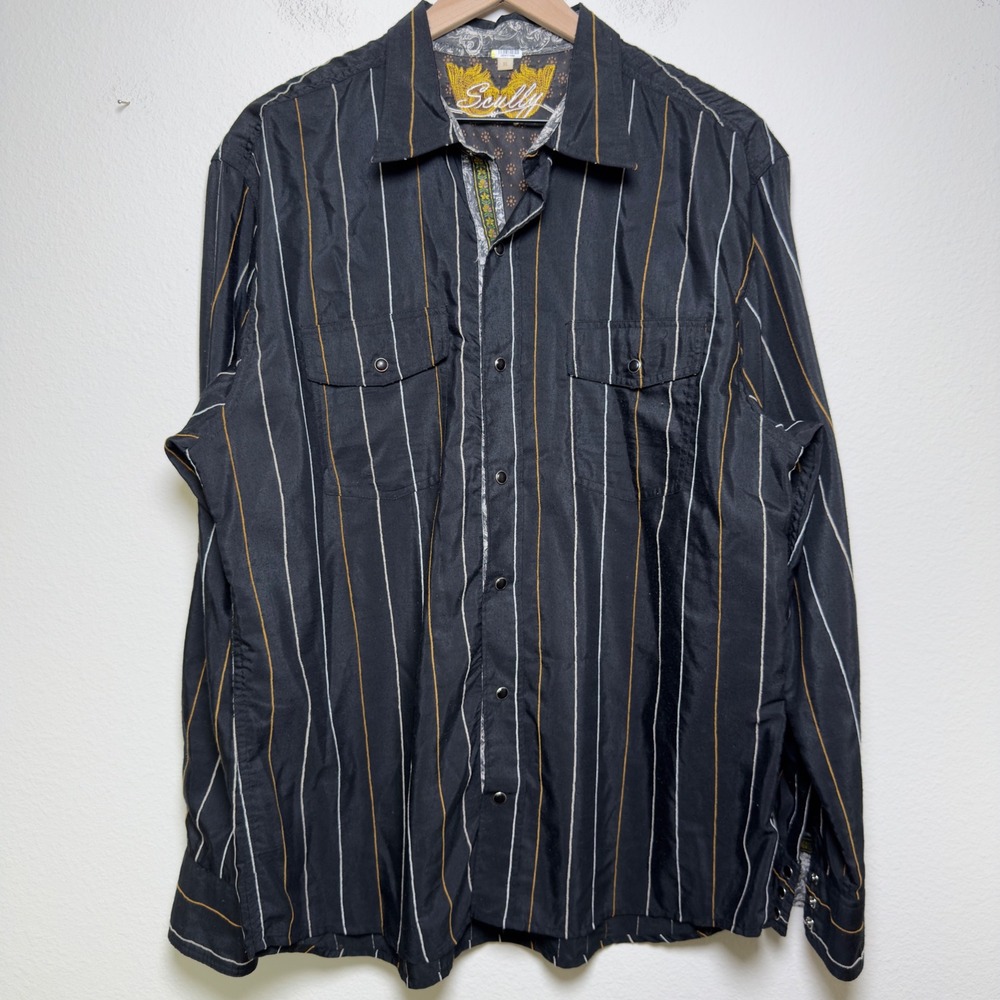 Scully‎ Men Pearl Snap Button Down Shirt XL Black Striped Western Rodeo Cowboy
